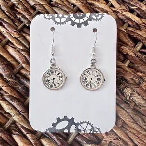 New Silver-Tone Steampunk Clock Dangle Earrings (1.6" l x 0.7" w) (Version 2)